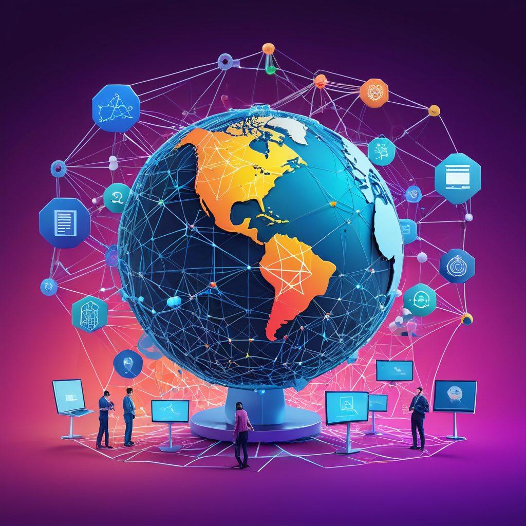 A dynamic collage featuring elements like search engine results, a graph showing upward trends, a globe with interconnected network nodes, a robust server rack, and people engaged in diverse web activities. Ensure the background is a blend of vibrant hues representing the digital landscape. Add icons for SEO, security, and hosting interspersed throughout the image. super-realistic. vibrant colors. futuristic style.