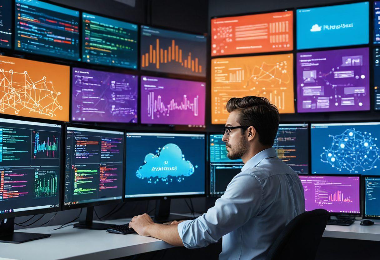 A dynamic scene of a full-stack developer working on multiple screens, illustrating both frontend and backend coding. On one side, vibrant UI elements and design tools; on the other, complex backend structures and databases. Background featuring interconnected cloud networks symbolizing online solutions. super-realistic. vibrant colors. 3D.