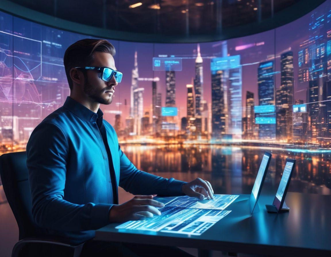 A futuristic virtual workspace with floating screens displaying code, website designs, and analytics on sleek holographic displays. A confident developer wearing smart glasses interacts with the screens, with a cityscape in the background symbolizing progress. vibrant colors. digital art.